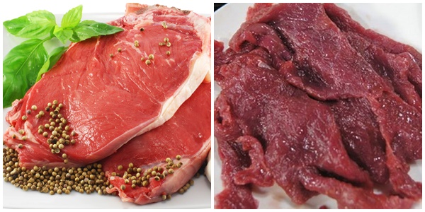 Thịt bò (bên trái) và thịt trâu (bên phải).