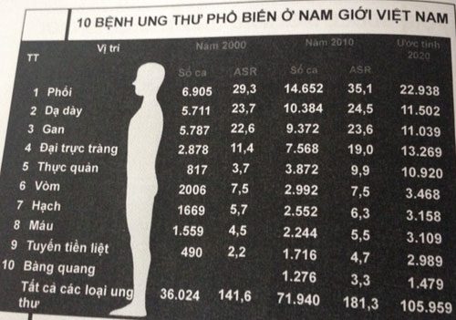 Các bệnh ung thư nam giới Việt Nam dễ mắc phải: ung thư phổi, dạ dày, gan,…